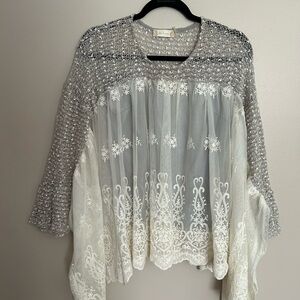Altar'd State Gray and Cream Lace Blouse